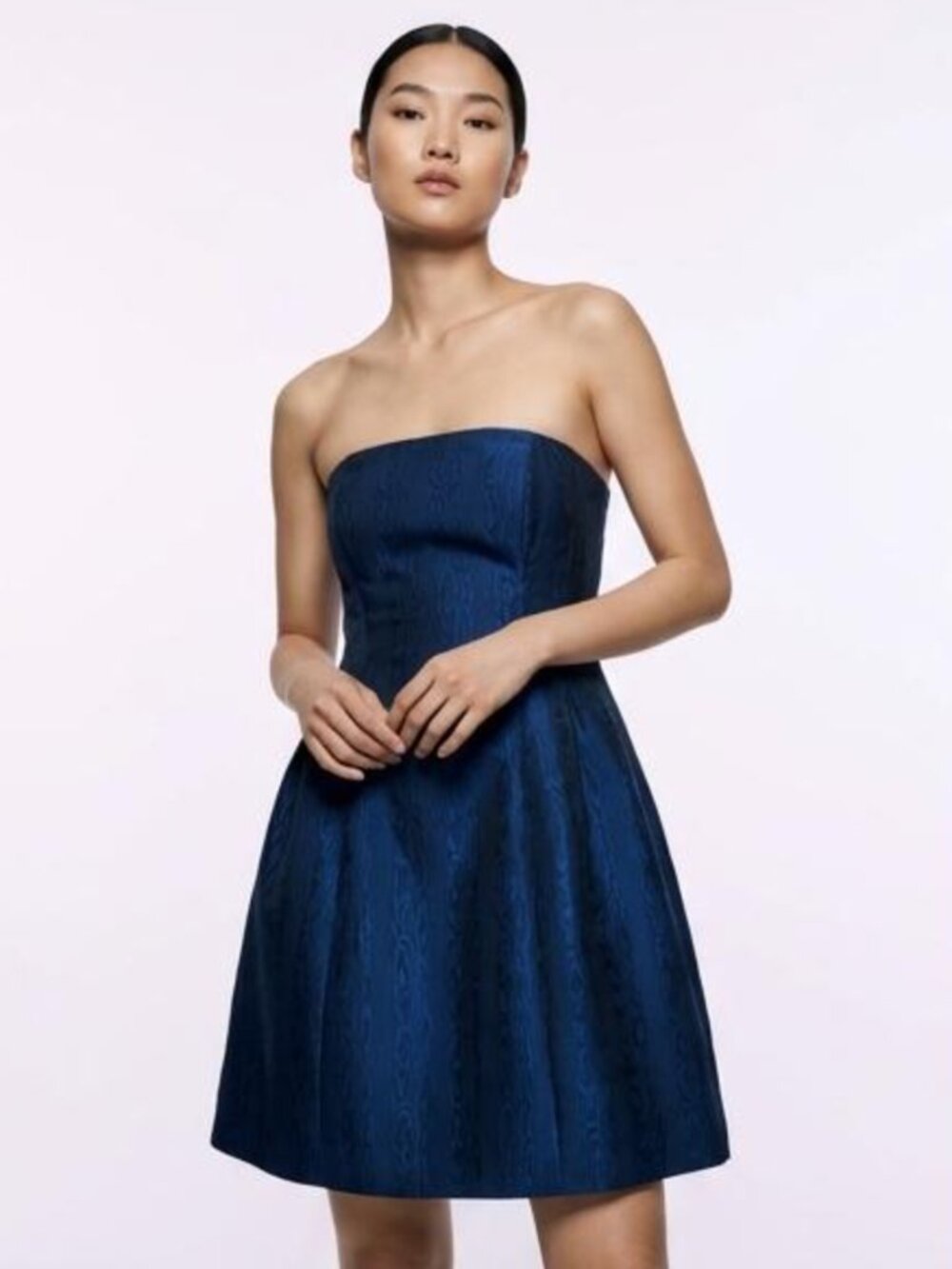 ASOS Metallic Blue Woodgrain Jacquard Strapless Mini Dress